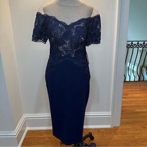 NWT Aida Navy Midi Bodycon Dress with Lace Detailing — Size 10